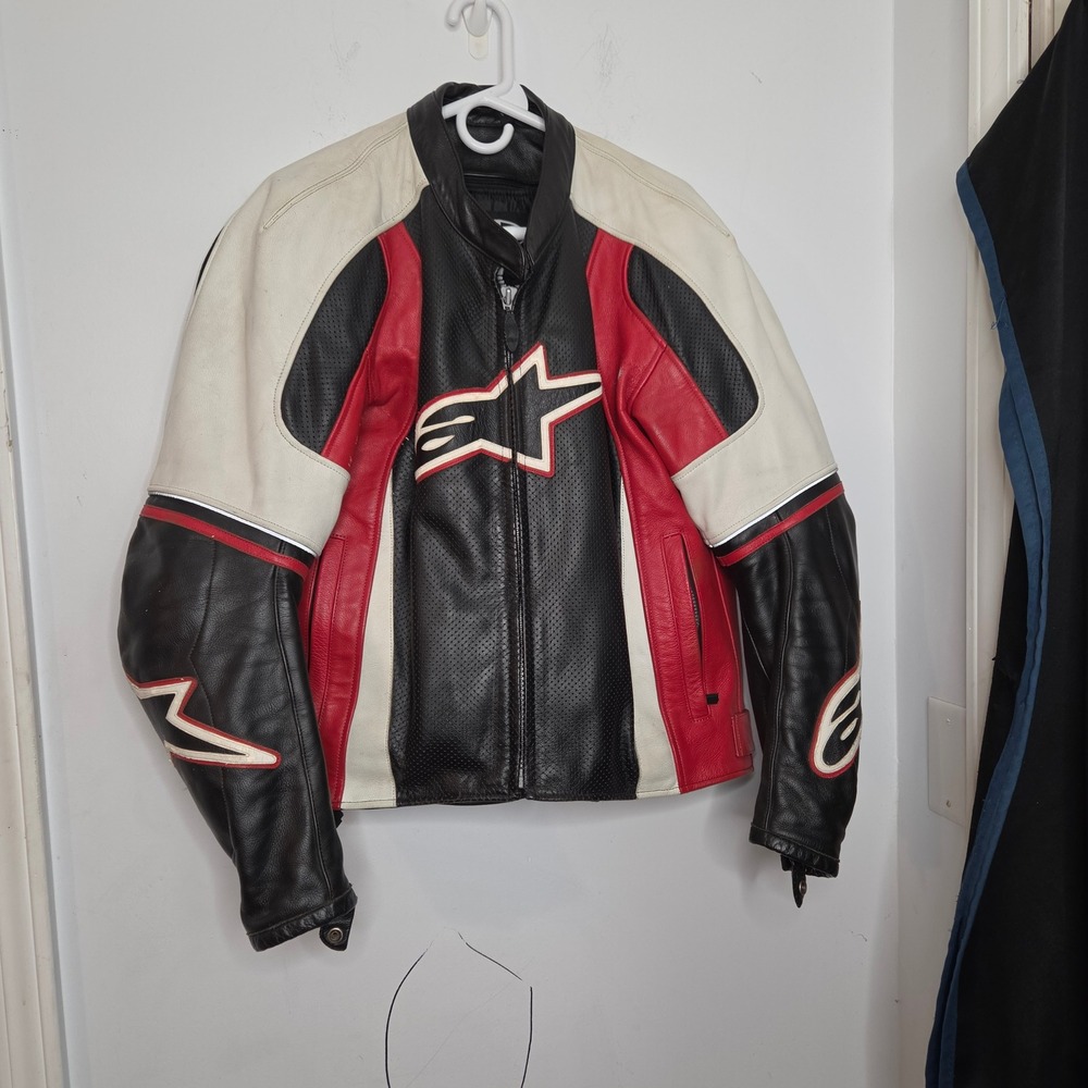 Alpinestars Mens 42 Leather Motorcycle Racing Jacket Black Red White Perforated